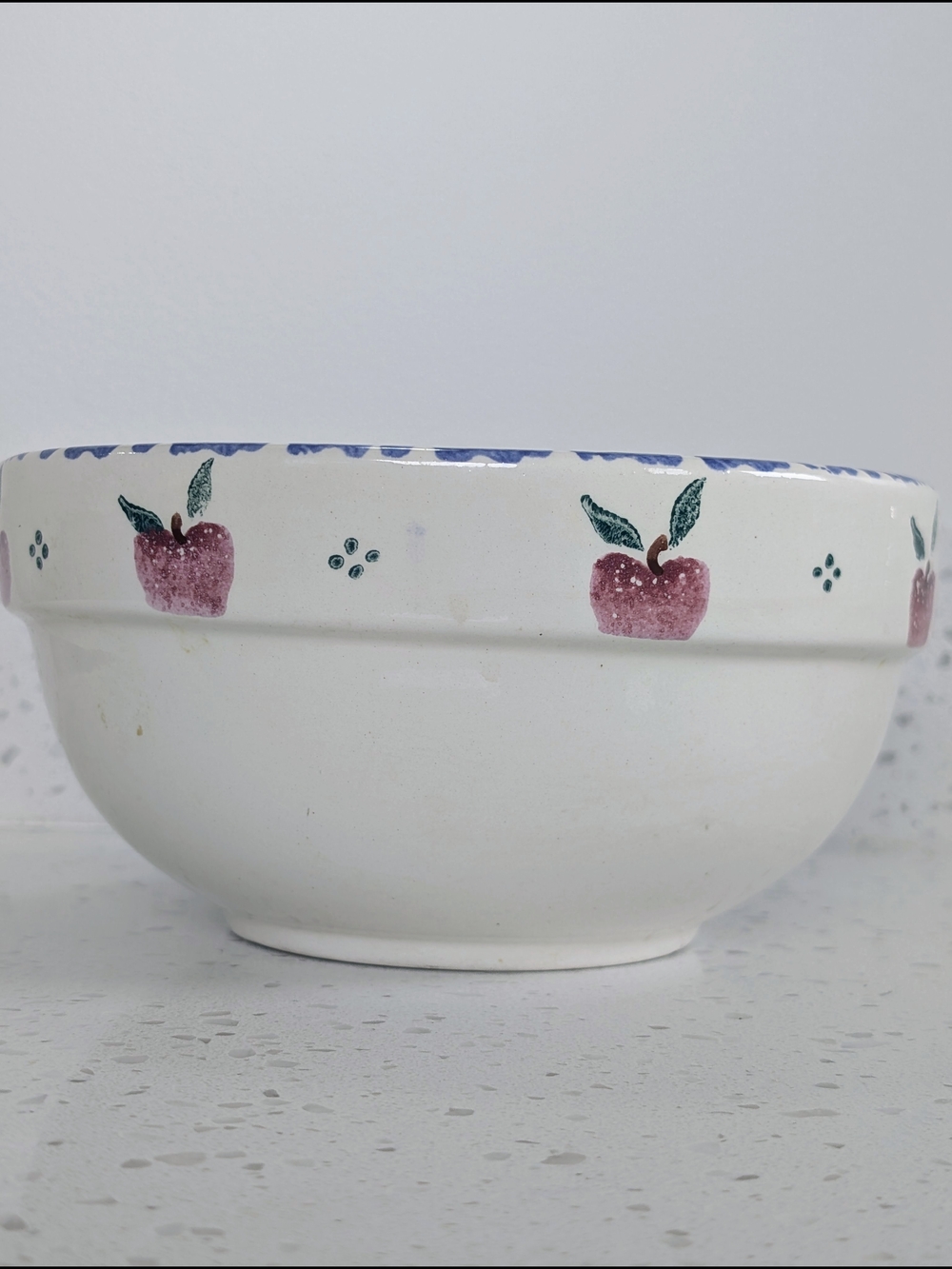 Vintage White Ceramic Mixing Bowl with Pink Apple Motif Crock Shop USA